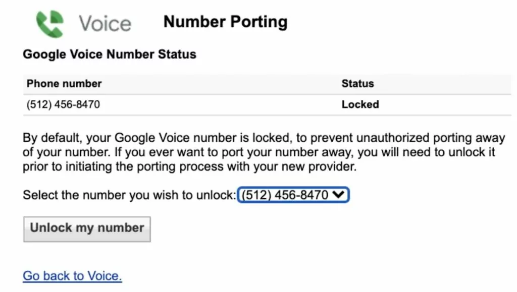 Port number to Google Voice: screenshot of Google Voice locked before porting