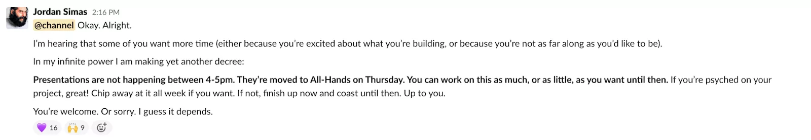 Communicating an update to the retreat itinerary in Slack