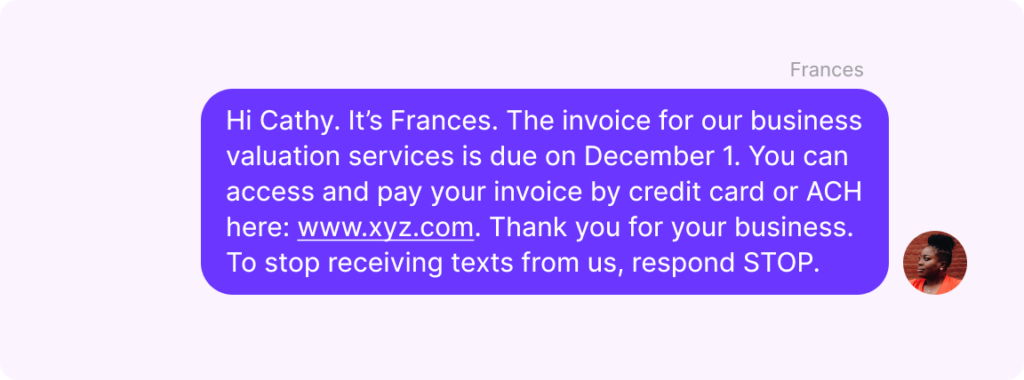 Finance SMS: Text example reminding a client that payment is due. 