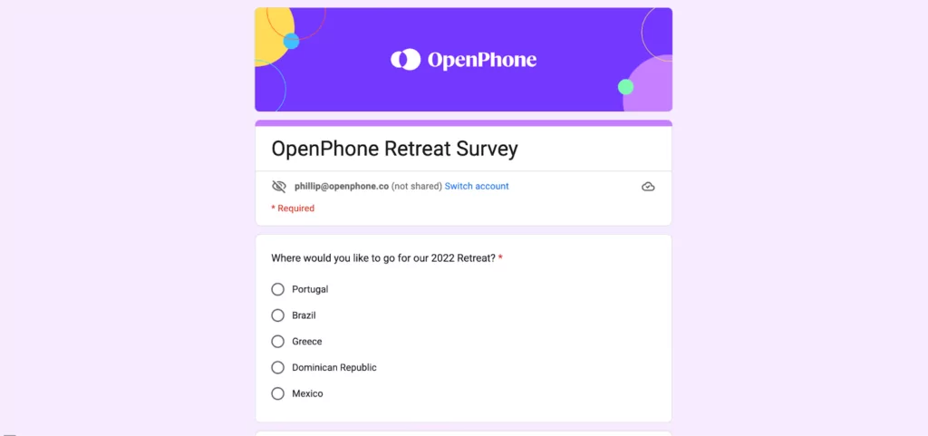 How to organize a retreat: OpenPhone retreat survey in Google Forms