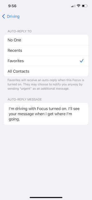 Screenshot of Driving settings