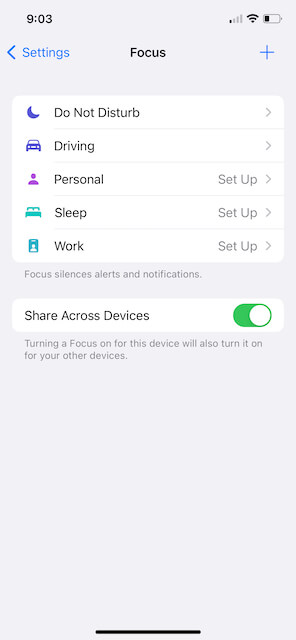 Text message autoresponder: screenshot of Focus settings