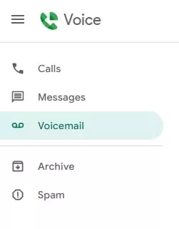 Getting a Google Voice number: Screenshot of Google Voice app showing calls, voicemails, and text messages in separate folders