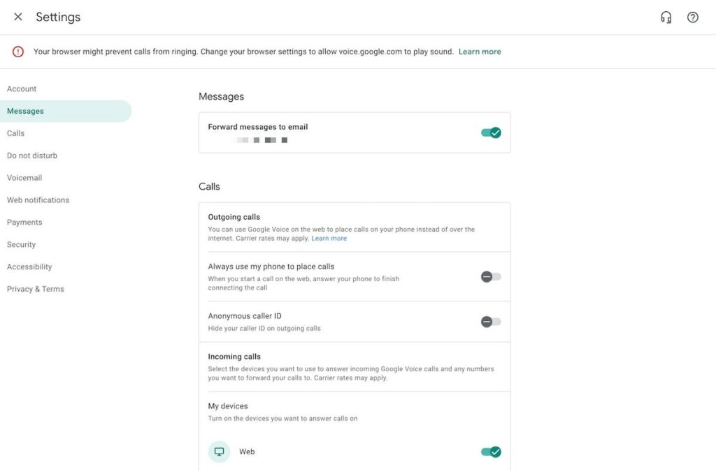 Google Voice text forwarding: screenshot of Google Voice settings