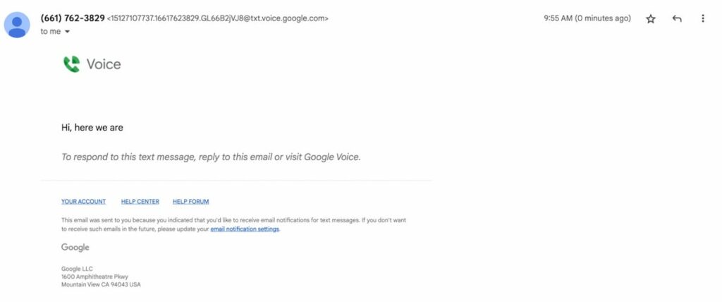 Google Voice text forwarding: screenshot of an email from Google Voice
