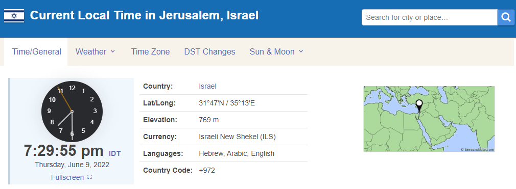 How to call Israel from US: Screenshot of Jerusalem's local time from the Time and Date website