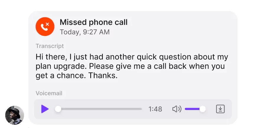 how incoming voicemail messages appear in the OpenPhone web and desktop app