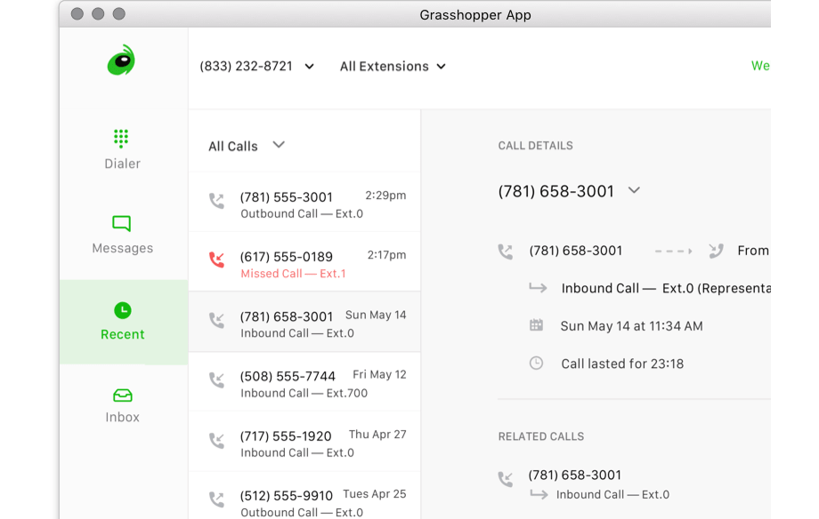 Business phone number apps: Grasshopper app interface