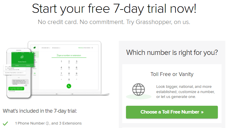 Starting a free trial for a Grasshopper phone number from their website