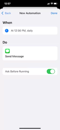 Final screen before confirming a text automation on iPhone
