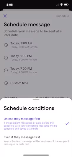Specify to cancel a schedule text message if a contact messages first in the OpenPhone iOS app