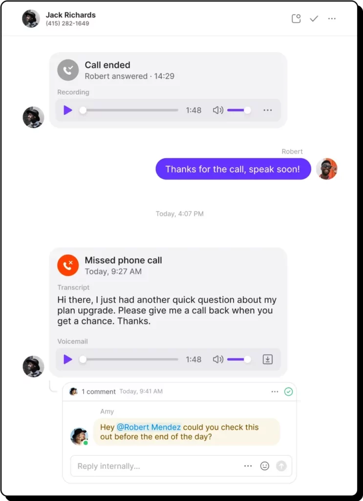 OpenPhone conversation showing cal recordings, voice messages, and texts with a contact in a single view