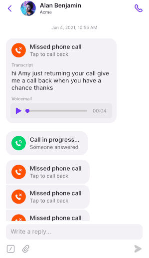 Voicemail transcript in the OpenPhone mobile app