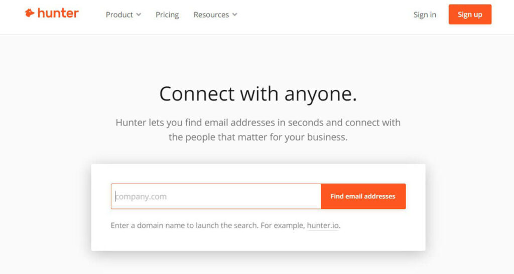 Sales prospecting tools: screenshot of Hunter.io
