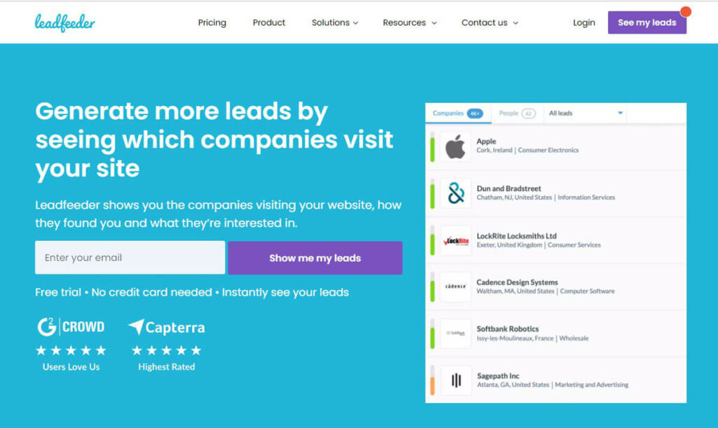Sales prospecting tools: Screenshot of Leadfeeder