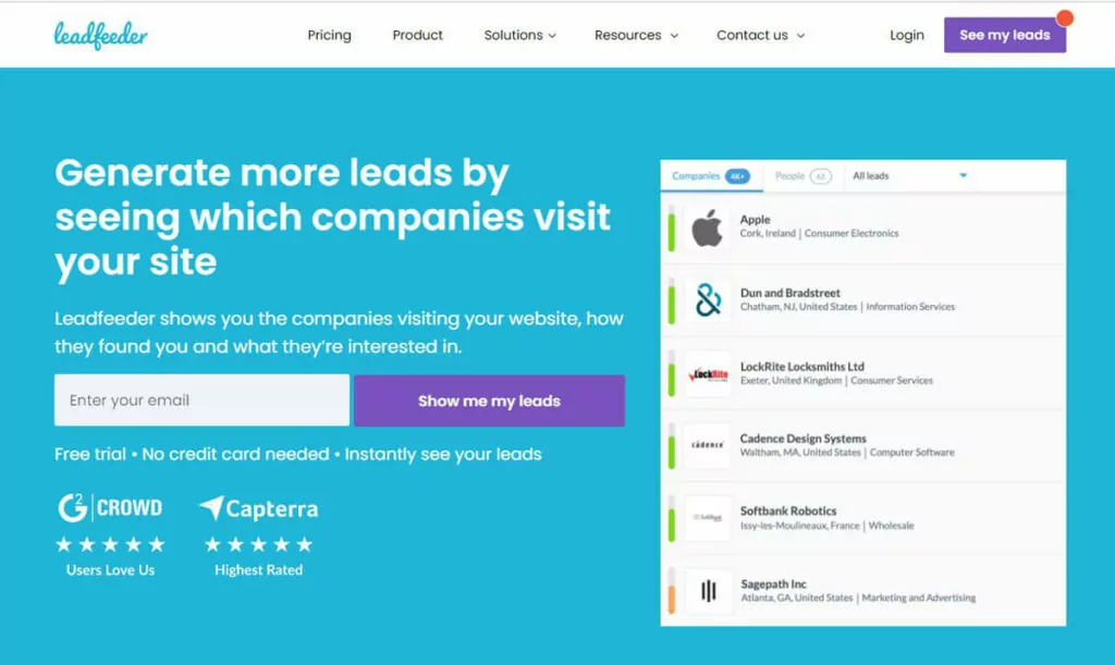 Sales prospecting tools: Screenshot of Leadfeeder