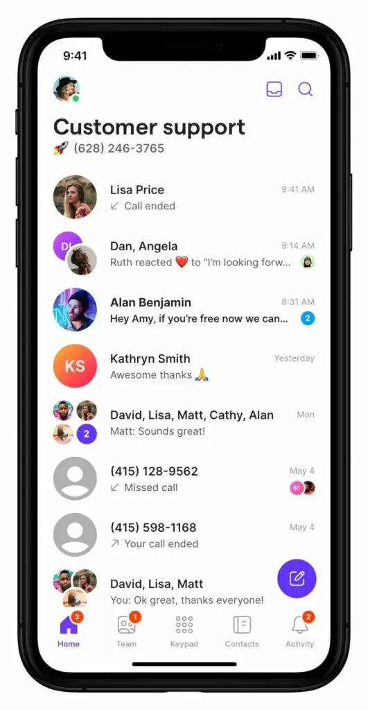 Screenshot of contacts in OpenPhone's mobile app