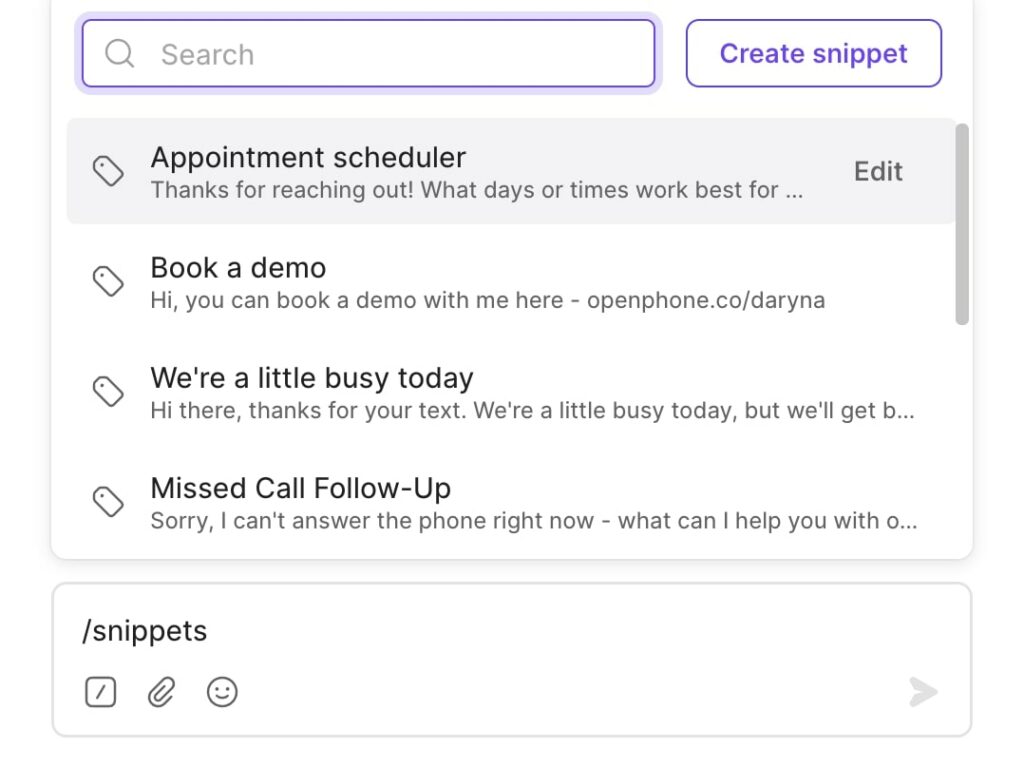 High call volume: Using snippets to follow up with customers over text.