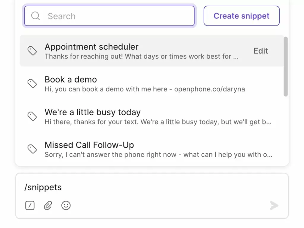 High call volume: Using snippets to follow up with customers over text.
