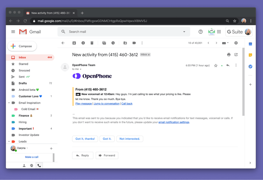 voicemails to emails: desktop view of OpenPhone's Gmail account