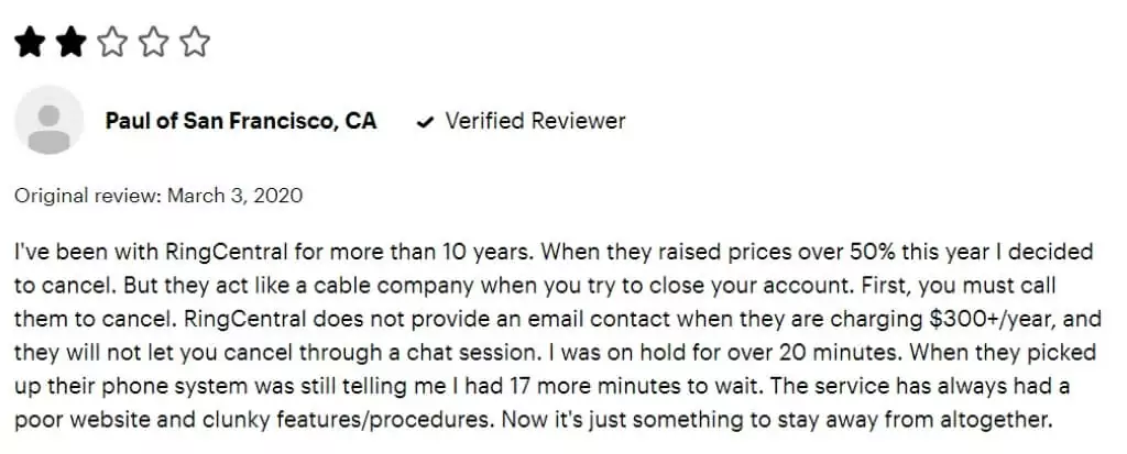 Screenshot of customer review of RingCentral