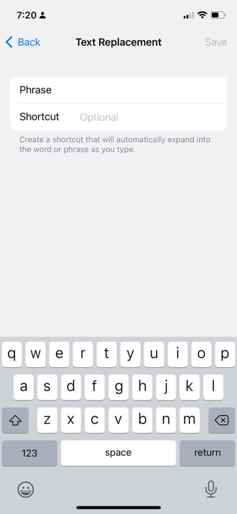 Screenshot of where to add text message signature for text replacement on iPhone