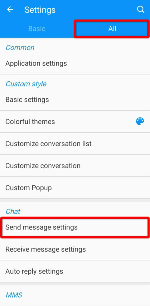 Screenshot of Handcent send message settings on Android