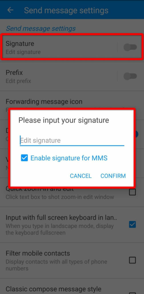 Screenshot of Handcent text message signature field on Android