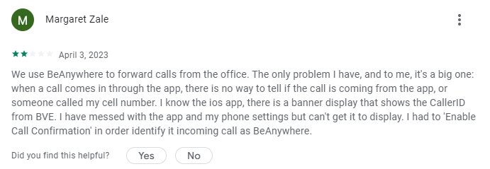 Comcast Business Voice review expressing frustration with not being able to tell if a call is coming from their Comcast business number