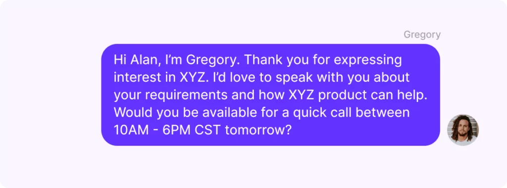 Follow-up text message example after receiving an inquiry. 