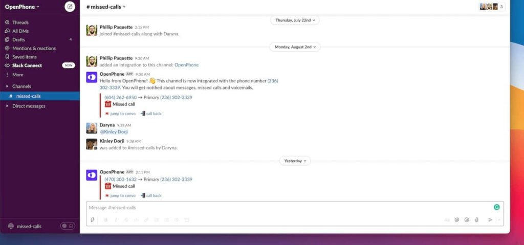 How to forward a text: screenshot of text messages and missed calls in Slack
