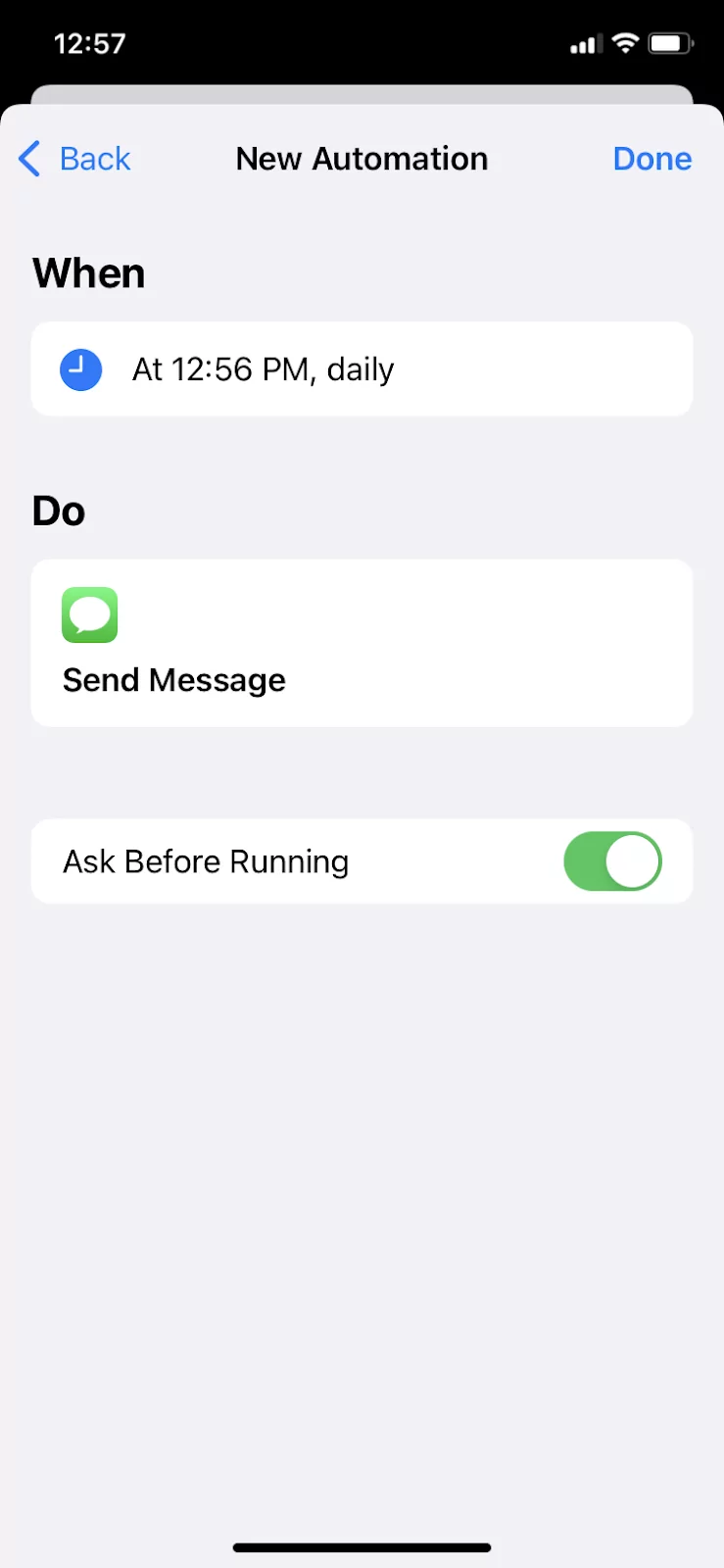 How to schedule a text: Created automation from instructions above on an iPhone. 