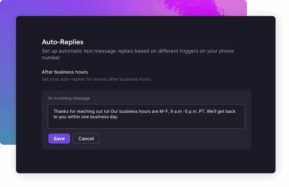 Adding an auto-reply to respond to texts in OpenPhone, a business texting app 