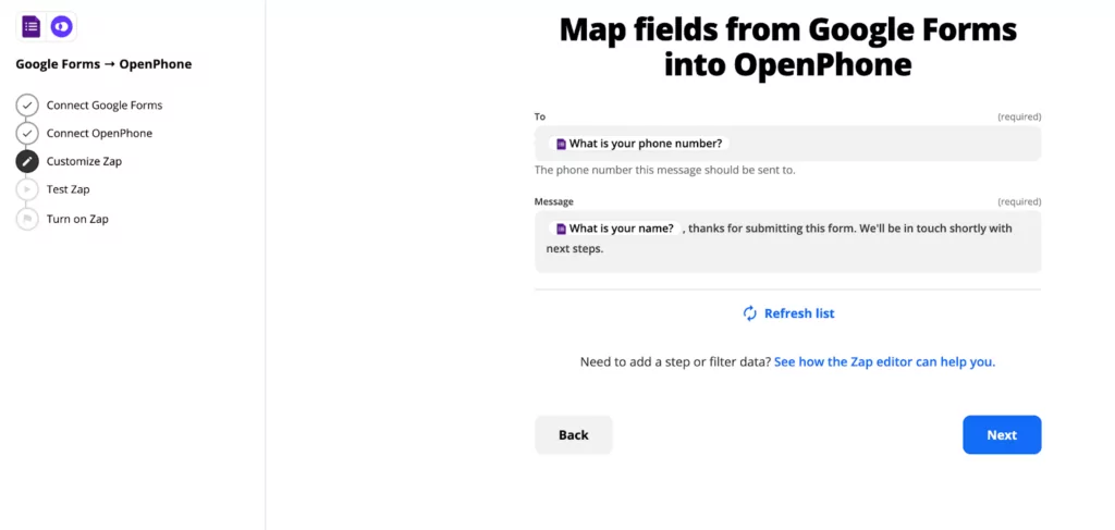 Mapping repeat text message to specific field answers in Google Forms when setting up a Zap