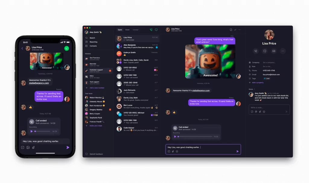 auto-attendant phone systems: OpenPhone mobile and desktop apps in dark mode
