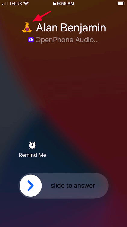 Incoming call notification for OpenPhone from a locked screen that shows an inbox emoji so you can tell which number they are attempting to reach