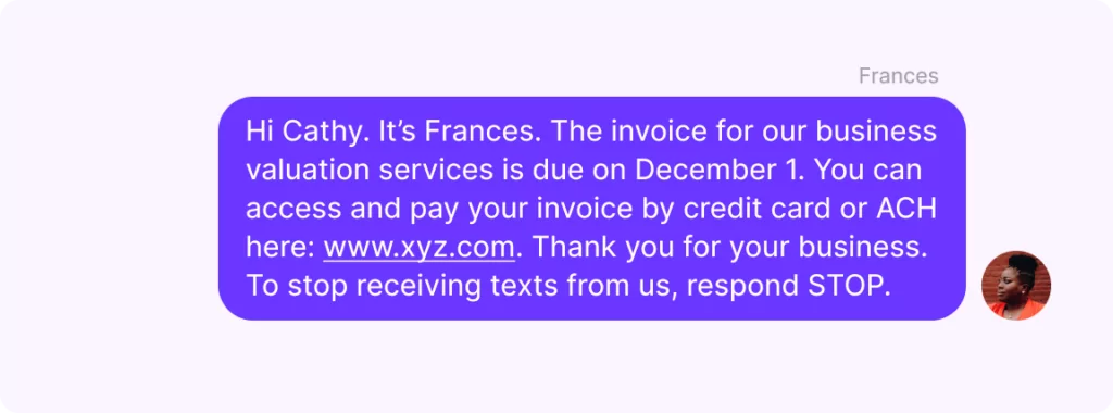 Finance SMS: Text example reminding a client that payment is due. 