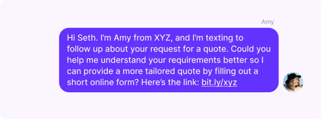 Follow-up text message example after providing a quote.