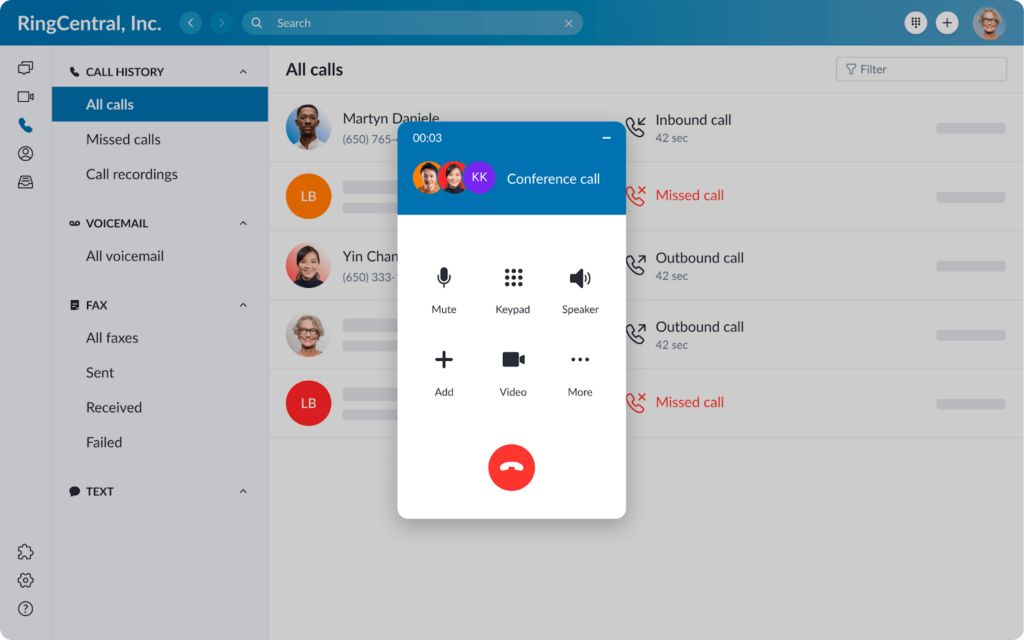 How RingCentral works: RingCentral desktop app showing calls, texts, and messages living in separate folders
