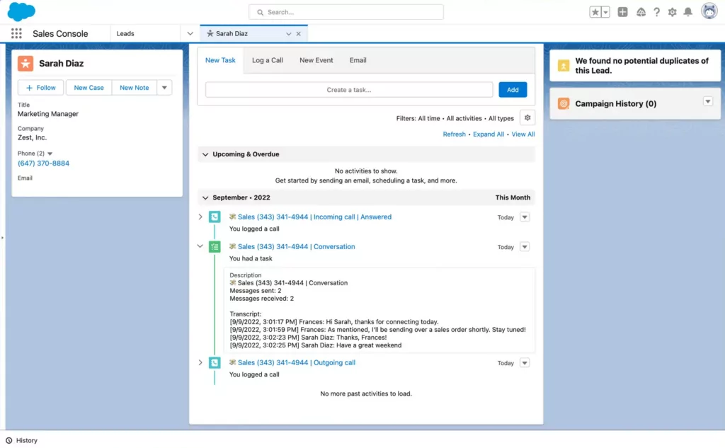 Examples of call and text logs from OpenPhone automatically pushed to Salesforce after setting up the Salesforce SMS integration