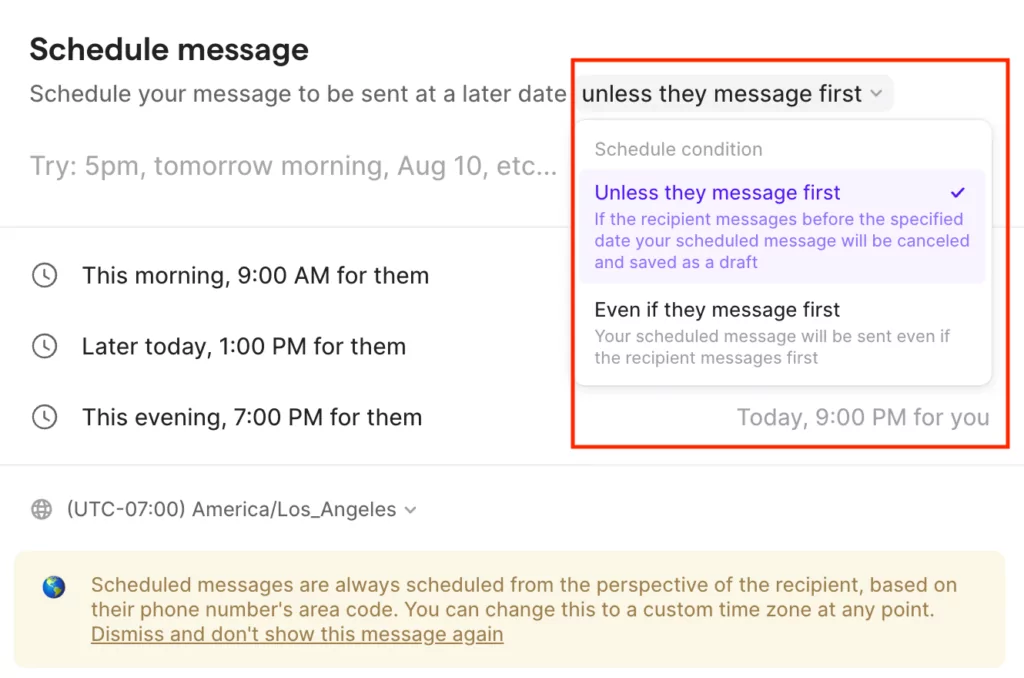 How to schedule a text message: Specifying whether you wish scheduled text messages to cancel if your contact messages you first. 