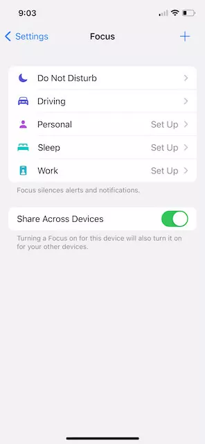 Text message autoresponder: screenshot of Focus settings