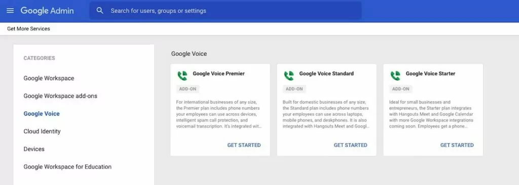 Port number to Google Voice: screenshot of Google Voice admin panel