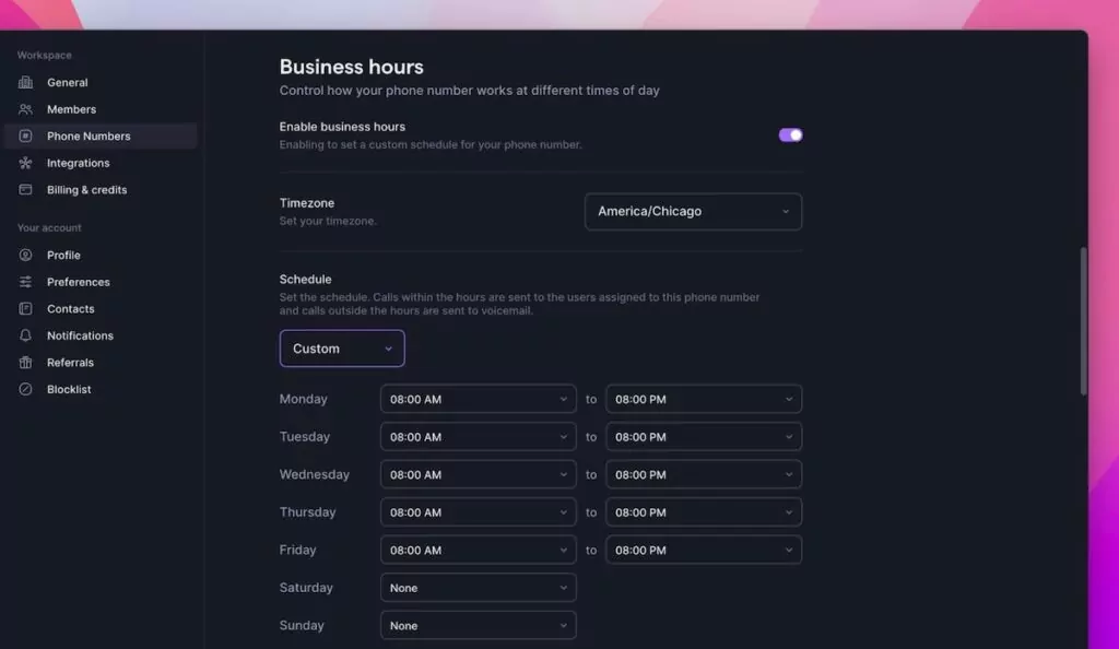 How to separate work and home: screenshot of OpenPhone's Business hours