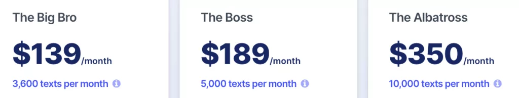 SlickText pricing for The Big Bro, The Boss, and The Albatross plans
