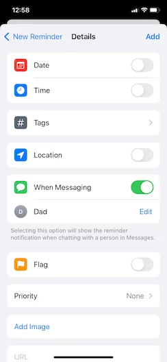 Confirm settings for reminder to send a text on iPhone