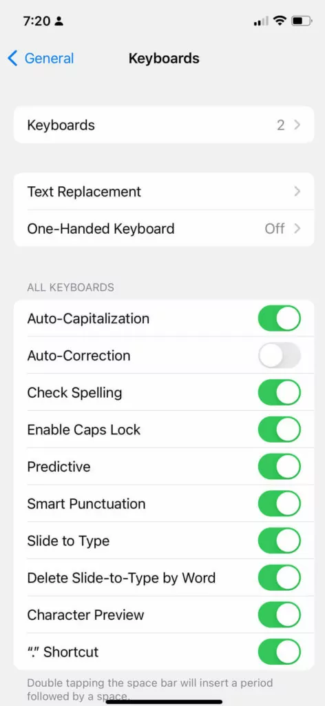 Text message signature: Screenshot of iPhone Keyboard settings menu