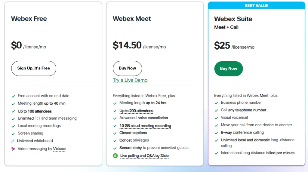 Webex Meet pricing