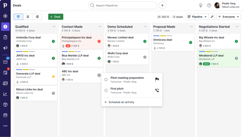 Cloud CRM: Pipedrive interface