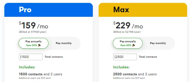 Keap CRM pricing Pro and Max.